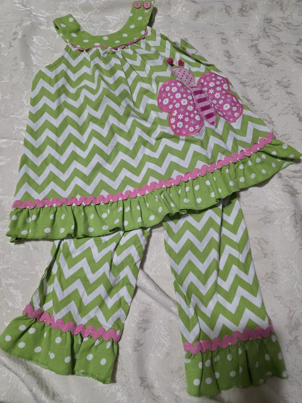 Girls Green Chevron Pajama Set with Pink Butterfly Accent